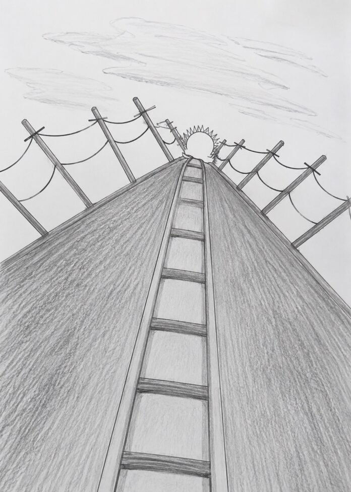 A pencil sketch created by a six-year-old child showing a long road leading toward the rising sun, with protective fences on both sides symbolizing hope, positivity, imagination, and a journey toward light