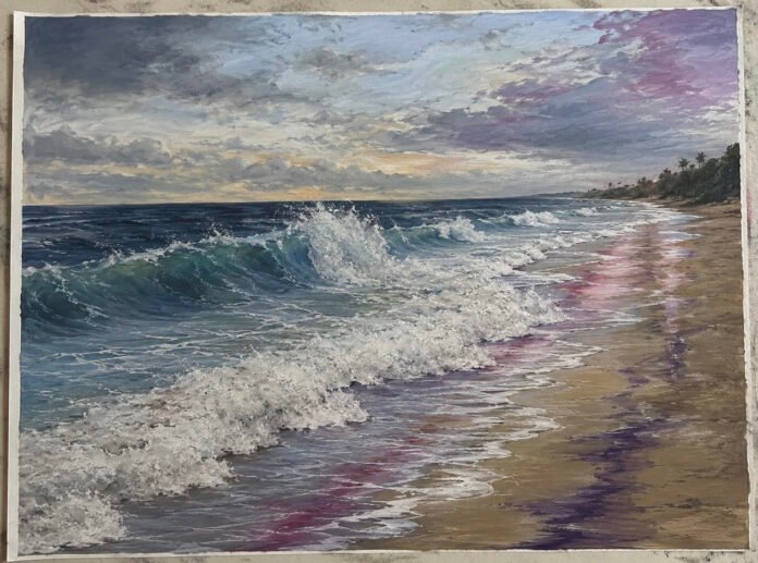 A landscape painting of a stormy seashore showing large ocean waves rolling toward the beach. White sea foam contrasts with deep blue water beneath a cloudy sky, creating a sense of motion and natural power.