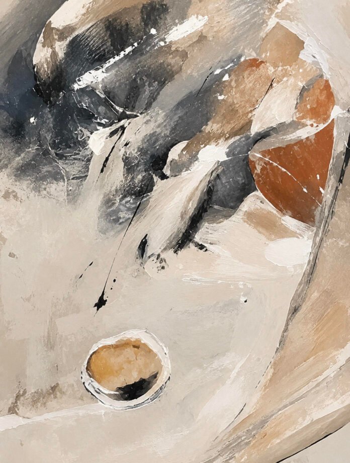 Abstract modern painting featuring layered textures, flowing brushstrokes, and earthy tones of white, beige, gray, and terracotta. The composition blends organic shapes and dynamic movement to symbolize personal growth, transformation, resilience, and the journey of self-discovery through life’s challenges and uncertainties.