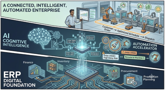 Infographic illustrating ERP as the foundational layer for AI-driven automation in smart manufacturing, showing connected data, predictive scheduling, and automated shop floor workflows.