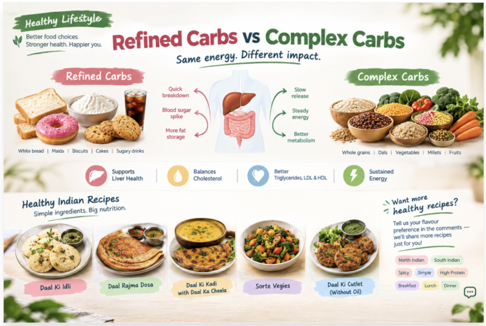 Refined carbs vs complex carbs with healthy Indian recipes including dal idli, rajma dosa and dal cutlet