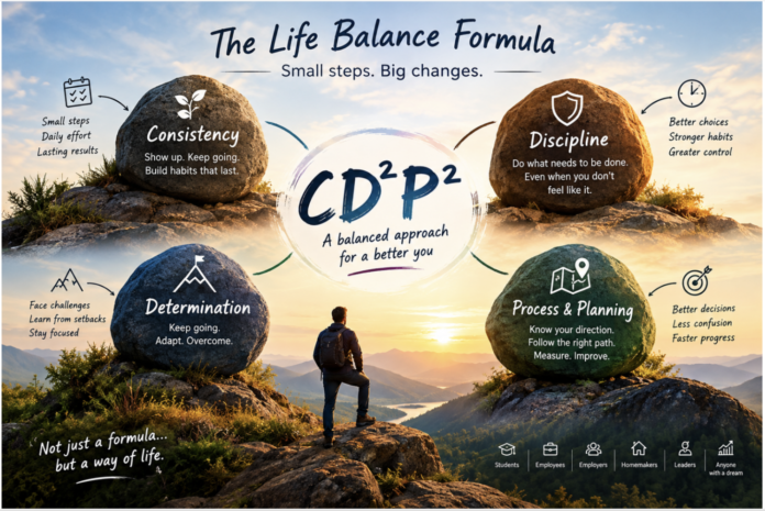 CD²P² life balance formula showing consistency, discipline, determination, and process and planning