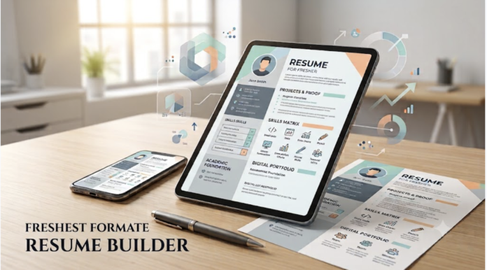 A digital tablet displaying an innovative fresher resume layout on a modern desk alongside a smartphone and printed portfolio pages.