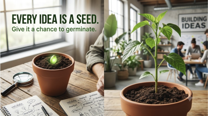 A small green seedling growing out of a terracotta pot on a wooden desk, with notebooks showing business validation diagrams and a collaborative startup team working in the background.