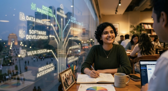 A student in a career counseling session smiling while looking at a glass window displaying glowing infographic pathways for future career directions.