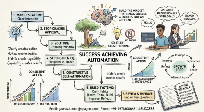 An illustrative sketch infographic titled Success Achieving Automation mapping out a 7-step personal growth framework with flowcharts, compounding graphs, a growth loop cycle, and a person reflecting in solitude.