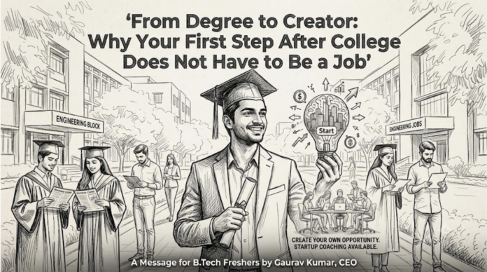 Hand-drawn sketch illustration of a smiling B.Tech graduate holding a degree roll and a glowing lightbulb containing startup icons, with engineering campus buildings in the background and text reading 'From Degree to Creator'.