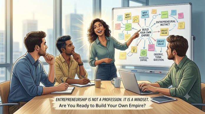 An inspiring leader explaining an entrepreneurial mindset roadmap on a whiteboard to an engaged team, featuring key concepts like 'Build Your Own Empire' and 'Why Not?'