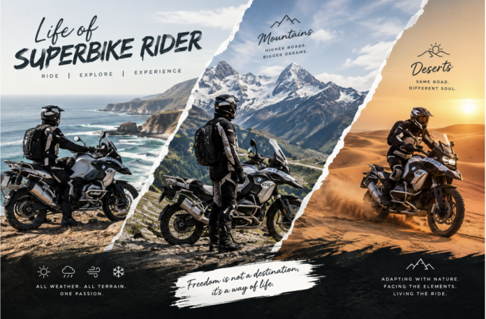 Superbike rider in full black and white riding gear with a BMW R 1250 GS across coastal, mountain and desert landscapes