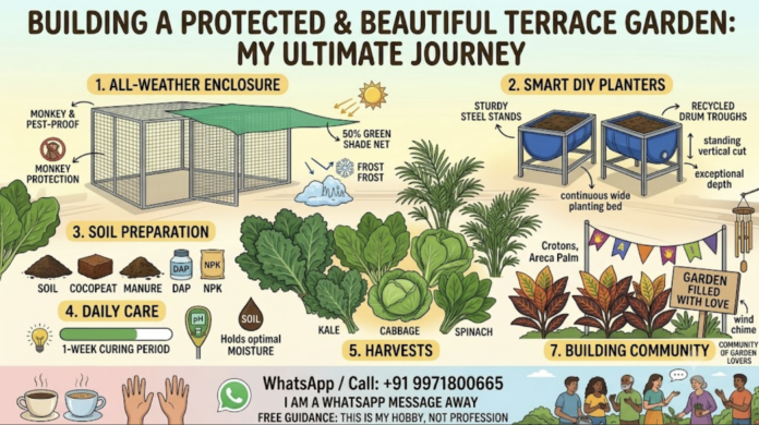 A detailed gardening infographic for a terrace garden showing an iron cage enclosure, 50% green shade net, custom steel stands with half-cut plastic drum planters, soil mix ingredients (cocopeat, manure, DAP, NPK), fresh crops like kale, cabbage, and spinach, decorative crotons and buntings, a community section with coffee cups, and contact details for free guidance at +91 9971800665.