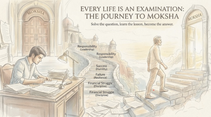 A light watercolor and sketch illustration depicting a man writing at a desk alongside a winding stone staircase with labels representing life lessons, leading to an open doorway labeled 