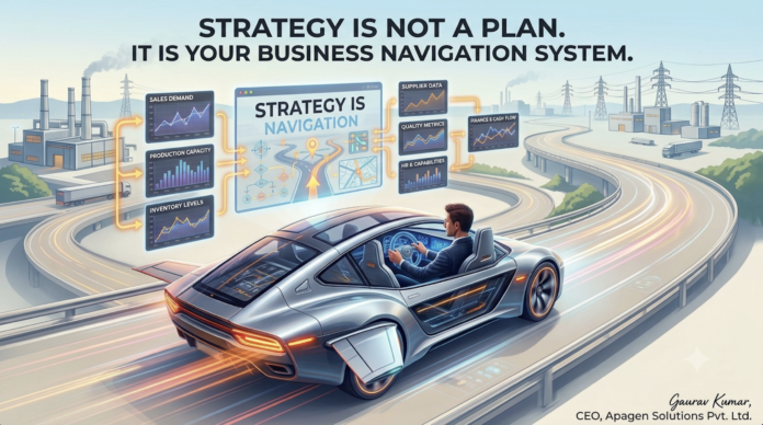 A executive driving a sleek vehicle down a highway with interactive holographic HUD dashboards showing real-time business metrics like Sales, Production, Inventory, and Finance, symbolizing strategy as a business navigation system.